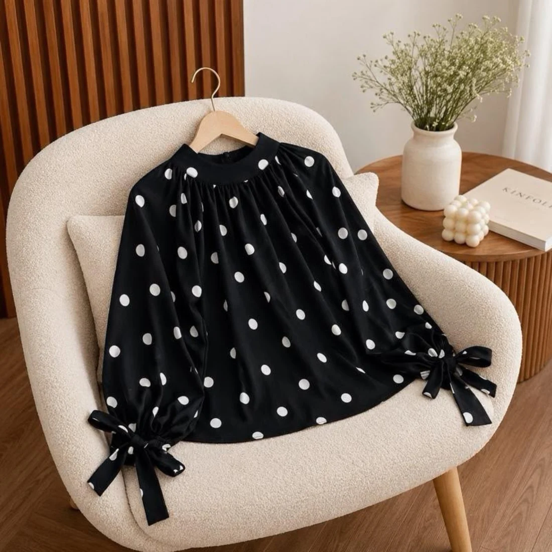 Tie-Cuff Blouse · Black Polka Dot