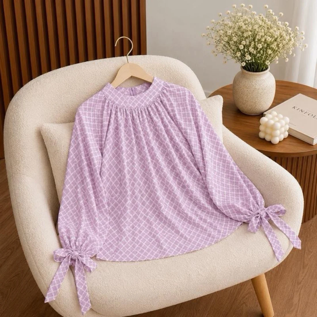 Tie-Cuff Blouse · Lilac Check