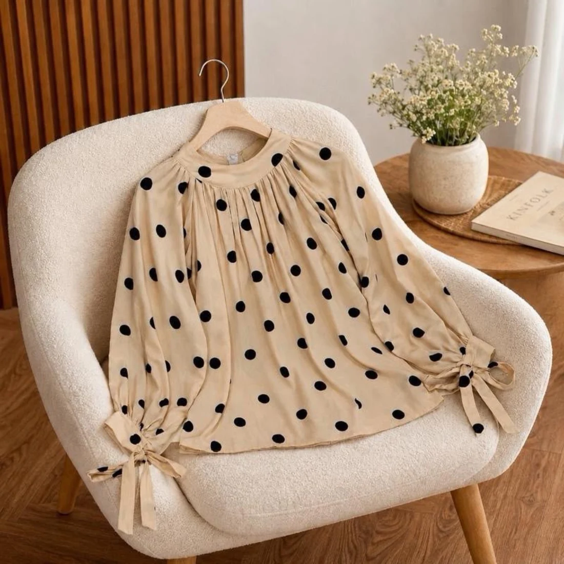 Tie-Cuff Blouse · Sand Polka Dot