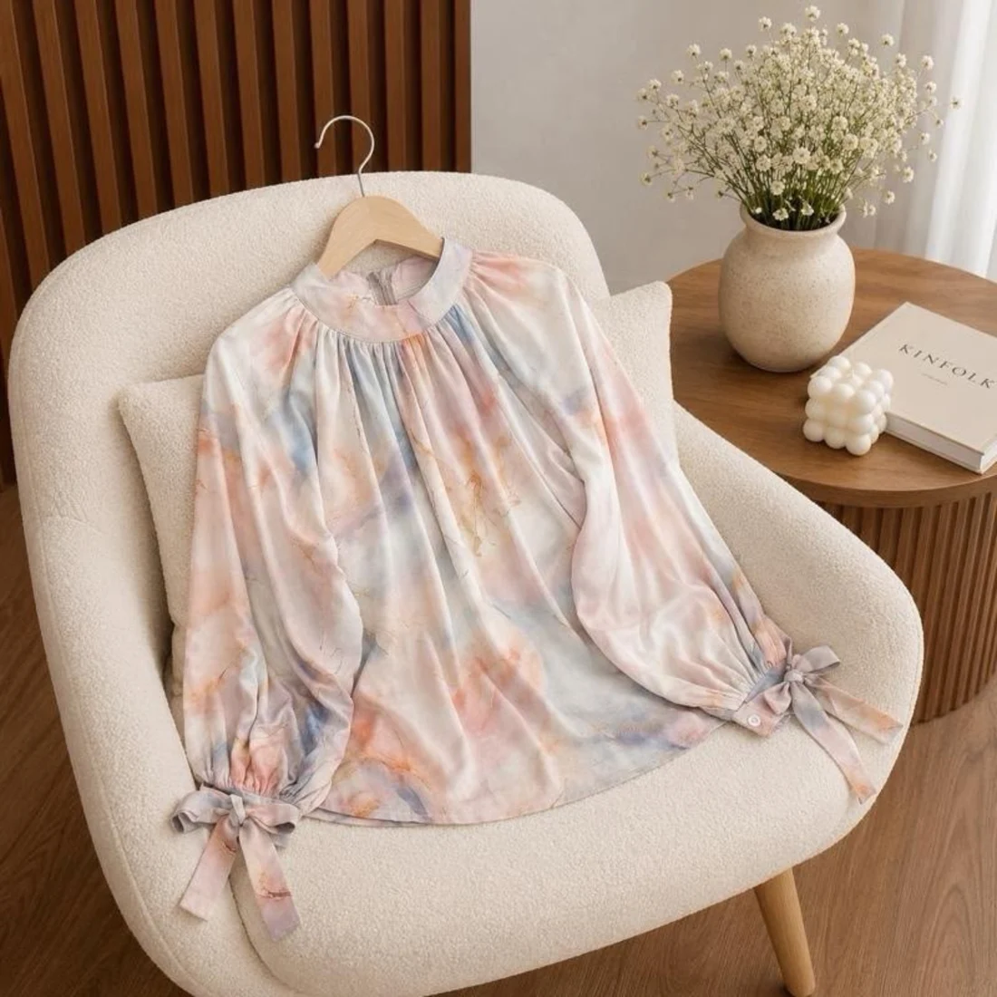 Tie-Cuff Blouse · Pastel Watercolour